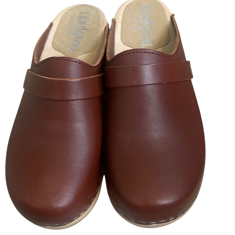 Sandgrens NWOT Swedish Wooden Clogs Brown Leather Mules Size 36/5-5.5 Cognac